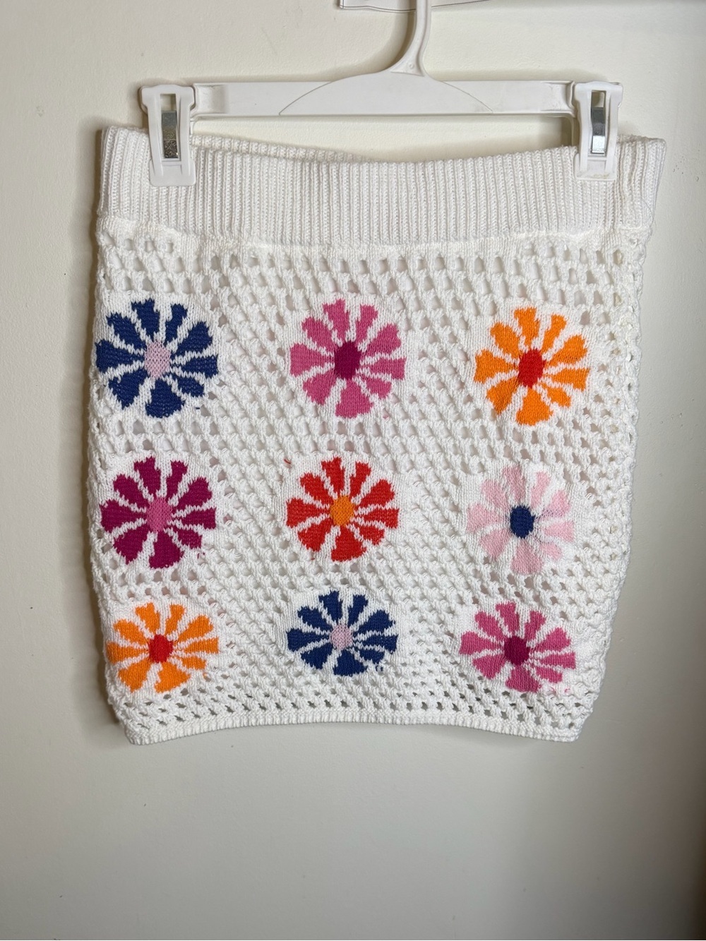 Altar'd State White Crochet Mini Skirt with Multicolor Floral Motif